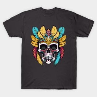 t-shirt design, colorful skull with feathers on it’s head, digital art T-Shirt